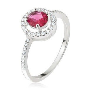 Stříbrný prsten 925 - kulatý růžovočervený zirkon, čirá obruba - Velikost: 57