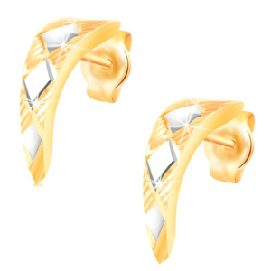Zlaté 14K náušnice - lesklý zúžený oblouk s kosočtverci z bílého zlata