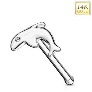 Rovný piercing do nosu z bílého zlata 585 - malý lesklý delfín