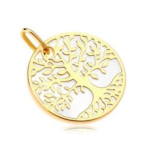Přívěsek ve žlutém zlatě 585 - bílý perleťový kruh se stromem života