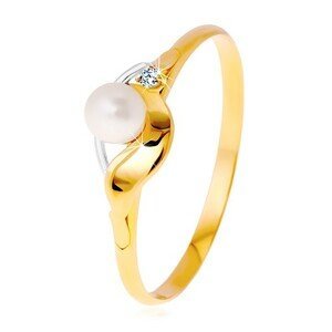Diamantový prsten ze 14K zlata, dvoubarevné vlnky, čirý briliant a bílá perla - Velikost: 55