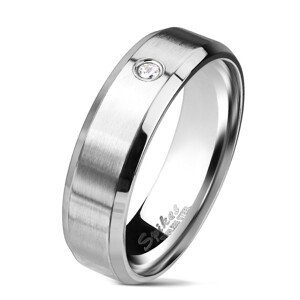 Ocelový prsten stříbrné barvy, matný pás s čirým zirkonem, 6 mm - Velikost: 54