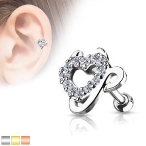 Ocelový piercing do ucha - srdce vykládané zirkony, čertovy růžky a ocásek - Barva piercing: Zlatá