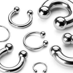 Ocelový piercing - podkova s lesklým povrchem ukončená kuličkami, tloušťka 3 mm - Tloušťka x průměr x velikost kuličky: 3 mm x 12 mm x 6 mm