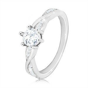 Zásnubní prsten ze stříbra 925 - kulatý zirkon, zvlněné lesklé linie, zirkonky - Velikost: 55