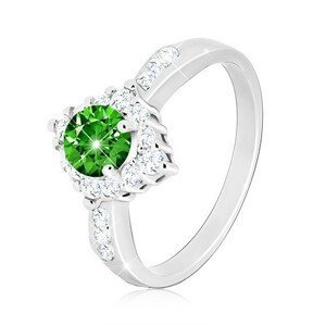 Stříbrný prsten 925 - čirý zirkonový kosočtverec, kulatý zelený zirkon - Velikost: 53