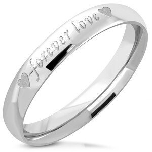Ocelový prsten stříbrné barvy - lesklý povrch, matný nápis "forever love", 3,5 mm - Velikost: 47