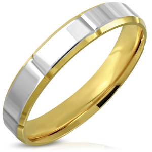 Prsten z chirurgické oceli - dvoubarevný povrch, zkosené hrany, zářezy, 4 mm - Velikost: 55