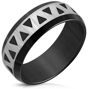 Černý prsten z oceli - zkosené hrany, saténový pás s šipkami, 8 mm - Velikost: 55