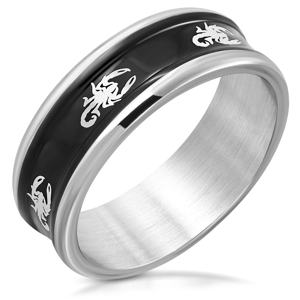 Ocelový prsten s jemně vyvýšenými hranami - černý pás, štíři, 8 mm - Velikost: 53