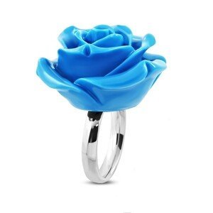 Prsten z chirurgické oceli - růže v rozkvětu, lesklá modrá pryskyřice - Velikost: 49