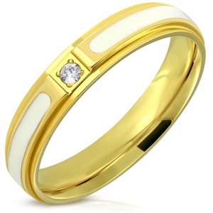 Ocelový prsten - lesklý povrch zlaté barvy, bílá glazura a zirkon, 4 mm - Velikost: 50