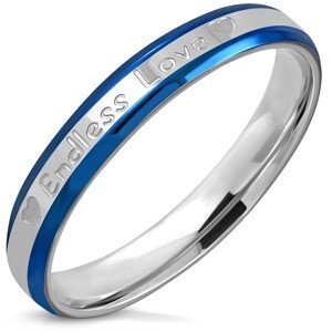 Dvoubarevný prsten z oceli - zkosené hrany, nápis "Endless Love", srdíčka, 3,5 mm - Velikost: 49
