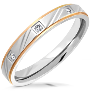 Dvoubarevný ocelový prsten - matný pás se zářezy, snížené hrany, zirkony, 3,5 mm - Velikost: 54