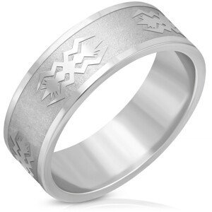 Ocelový prsten stříbrné barvy - matný pás, lesklé hrany, motiv, 8 mm - Velikost: 59