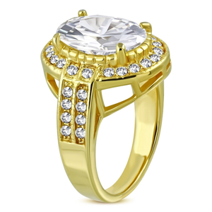 Ocelový prsten ve zlatém barevném odstínu - oválný zirkon v kotlíku, drobné zirkony - Velikost: 51