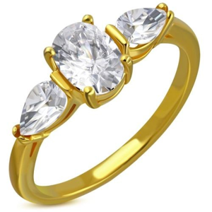 Prsten z oceli ve zlatém odstínu - čirý třpytivý zirkon, zirkonové slzičky - Velikost: 51