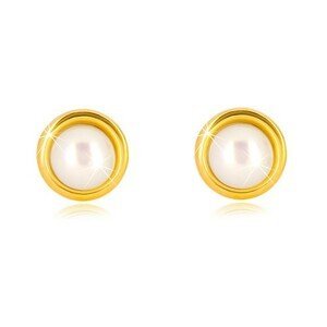 Zlaté náušnice 375 - sladkovodní perla bílé barvy v kruhové objímce, puzetky