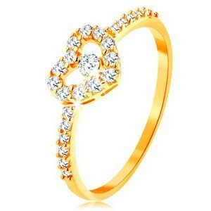 Zlatý prsten 375 - zirkonová ramena, blýskavý čirý obrys srdce se zirkonem - Velikost: 50