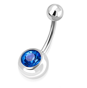 Ocelový piercing do pupíku - lesklá kulička, kulička s blýskavým modrým zirkonem