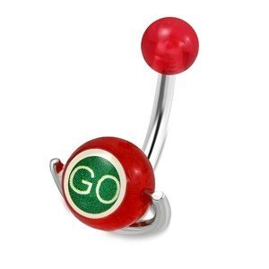 Piercing do pupíku z oceli - červená kulička, váleček s nápisy "GO" a "STOP"