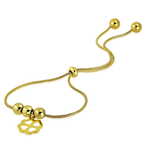 Ocelový náramek zlaté barvy - čtyřlístek pro štěstí, kuličky, vzor hadí kůže