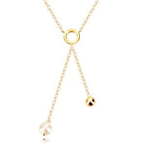Zlatý 9K náhrdelník - kroužek, zrcadlově lesklá kulička a perlička na řetízku