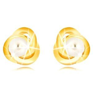 Náušnice ve žlutém 9K zlatě - tři propletené prstence, bílá sladkovodní perla, 3 mm