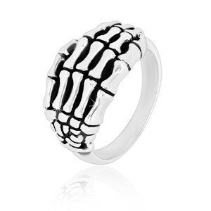 Prsten ze stříbra 925 - detailně tvarovaná kostra ruky, lesklá ramena, patina - Velikost: 56