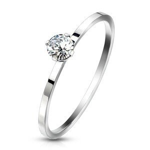 Ocelový zásnubní prsten stříbrné barvy - zirkon čiré barvy v kotlíku, úzká ramena - Velikost: 60