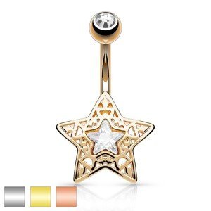 Ocelový piercing do bříška - vyřezávaná hvězdička s blýskavým zirkonem uprostřed - Barva piercing: Měděná