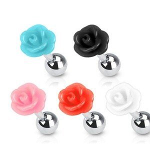 Ocelový piercing do ucha - motiv rozkvetlé růžičky z akrylu, kulička - Barva piercing: Černá