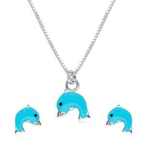 Stříbrný 925 dvojset - náhrdelník a náušnice, delfínek s modrou glazurou