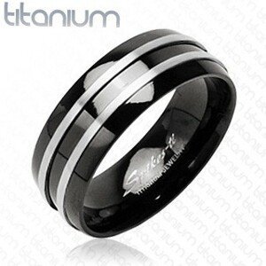 Černý prsten z titanu - dva stříbrné tenké pásy - Velikost: 72