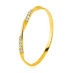 Zlatý 585 prsten - hladká zvlněná linie zdobená blýskavými zirkony v čirém odstínu - Velikost: 59