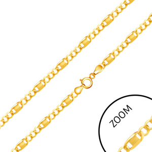 Řetízek ve žlutém 14K zlatě - tři oválná očka, podlouhlý článek zdobený známkou, 500 mm