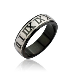Prsten z chirurgické oceli - černý, římské číslice - Velikost: 55