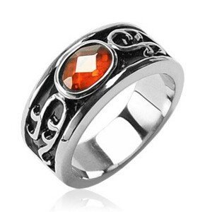 Prsten z chirurgické oceli - oranžový kamínek a ornamenty - Velikost: 67