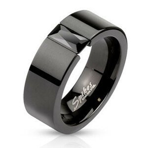 Ocelový prsten v černém odstínu - blýskavý černý zirkon, 6 mm - Velikost: 49