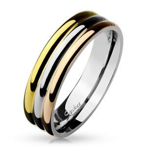 Prsten z oceli - tři lesklé pruhy v měděné, zlaté a stříbrné barvě, 6 mm - Velikost: 57