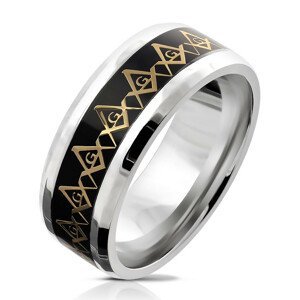 Ocelový prsten - symbol svobodných zednářů ve zlaté barvě, průsvitná glazura, 8 mm - Velikost: 59