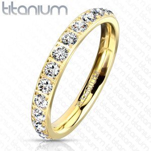 Titanový prsten ve zlatém odstínu - třpytivé zirkony čiré barvy, 3 mm - Velikost: 55