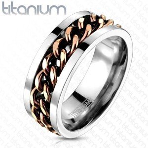 Titanový prsten stříbrné barvy - řetěz v měděném barevném odstínu - Velikost: 60