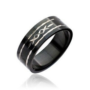 Černý prsten z oceli - vyryté křížky - Velikost: 48