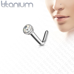 Piercing do nosu z titanu se zahnutým koncem - čirý kulatý zirkon v objímce, 1 mm - Rozměr: 1 mm x 6 mm x 2 mm