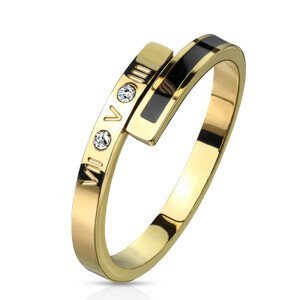 Ocelový prsten zlaté barvy - římské číslice, dva čiré zirkony, úzký pás s černou glazurou, 2 mm - Velikost: 55