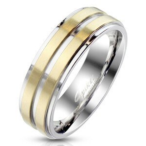Ocelový prsten stříbrné barvy - ozdobený dvěma proužky ve zlatém provedení, 6 mm - Velikost: 54