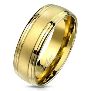 Ocelový prsten zlaté barvy - střední matný pás, linie tenkých lesklých proužků, 8 mm - Velikost: 67