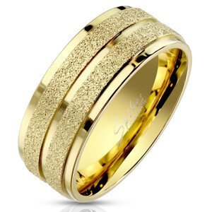Ocelový prsten ve zlatém barevném provedení - po obvodu dva pískované proužky, 8 mm - Velikost: 65