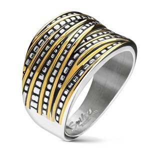 Ocelový prstýnek stříbrné barvy - ozdobený stříbrno-zlatými asymetrickými pásy, zužující se - Velikost: 52